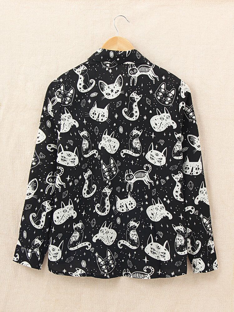 Camisas De Botones De Manga Larga Con Cuello Vuelto Y Estampado Divertido De Gato De Dibujos Animados Casuales Para Mujer