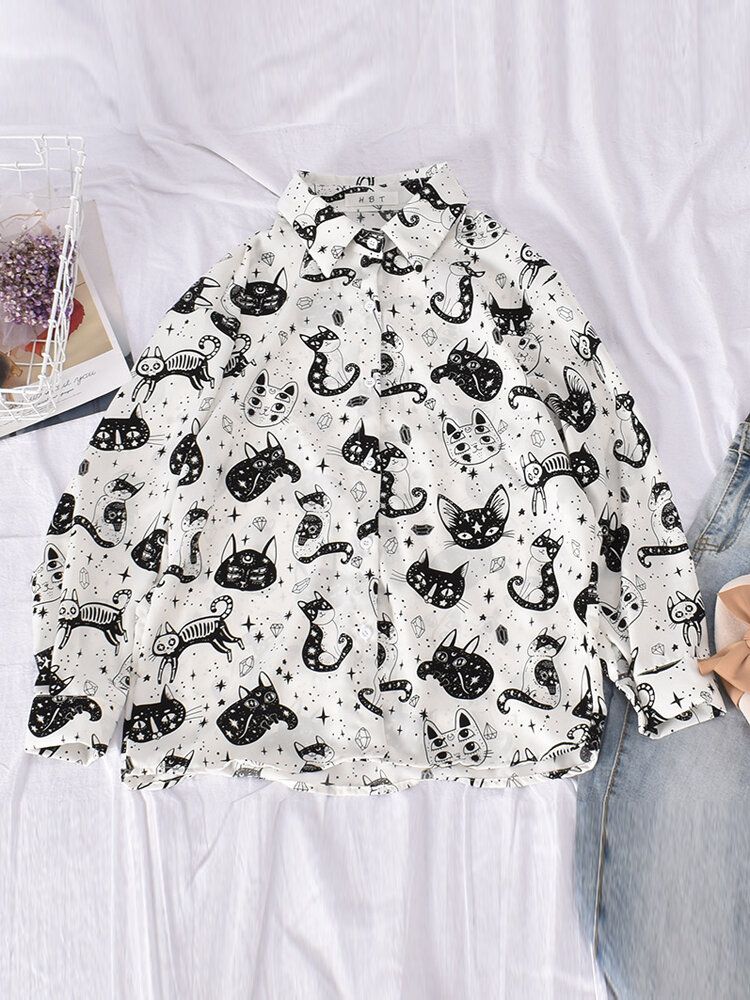 Camisas De Botones De Manga Larga Con Cuello Vuelto Y Estampado Divertido De Gato De Dibujos Animados Casuales Para Mujer