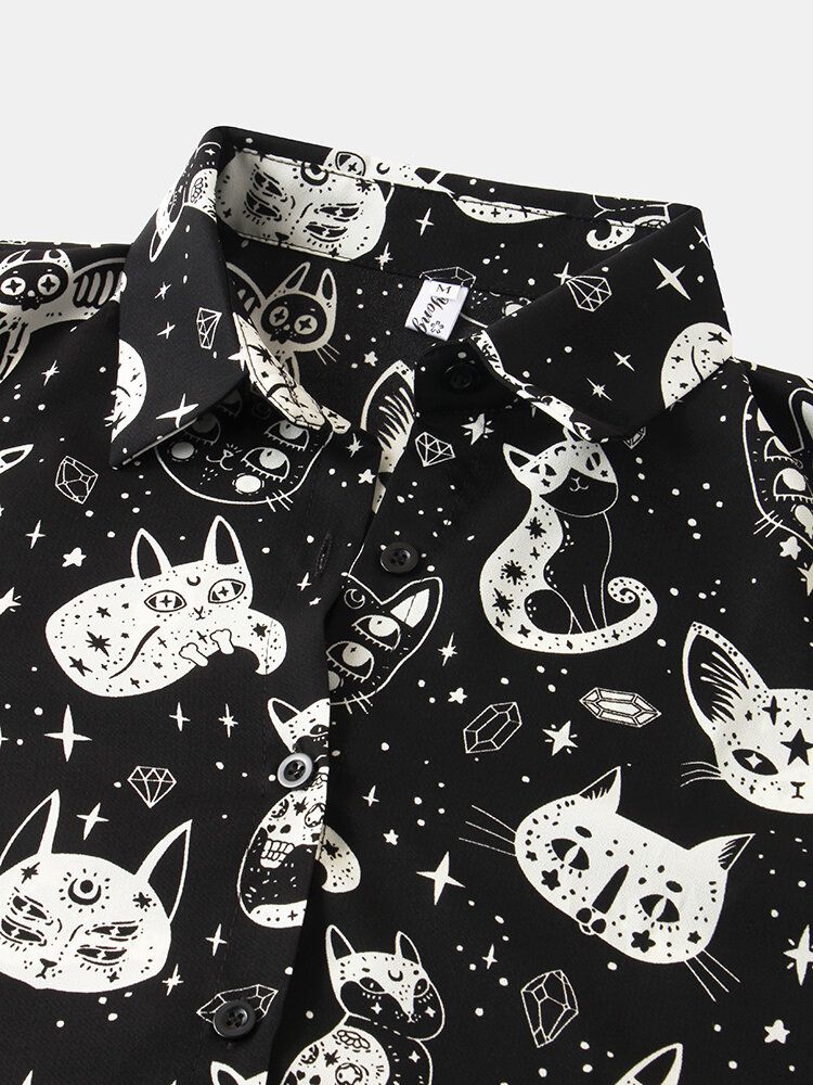 Camisas De Botones De Manga Larga Con Cuello Vuelto Y Estampado Divertido De Gato De Dibujos Animados Casuales Para Mujer