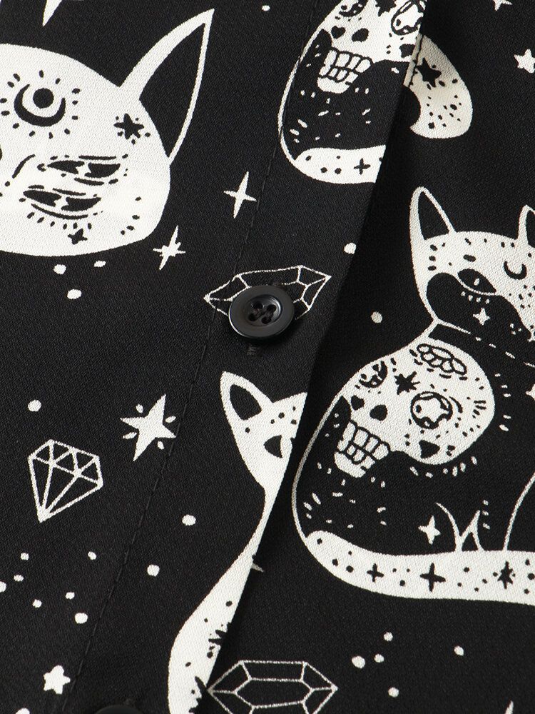 Camisas De Botones De Manga Larga Con Cuello Vuelto Y Estampado Divertido De Gato De Dibujos Animados Casuales Para Mujer