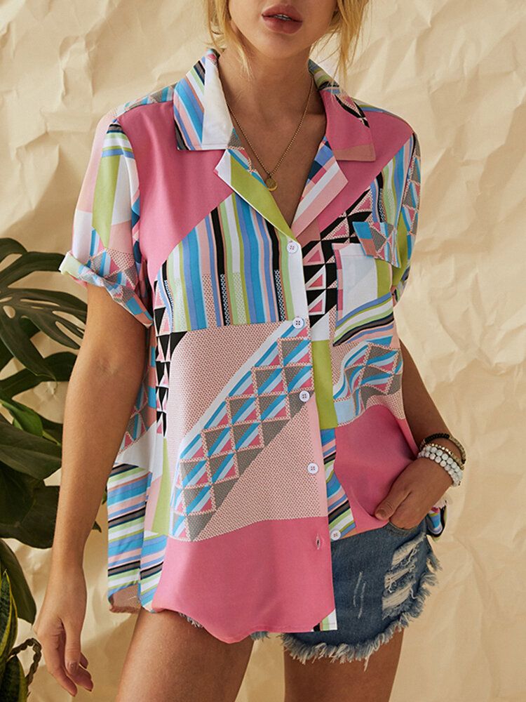 Camisas Casuales Con Dobladillo Irregular Con Solapa Estampada Geométrica Para Mujeres