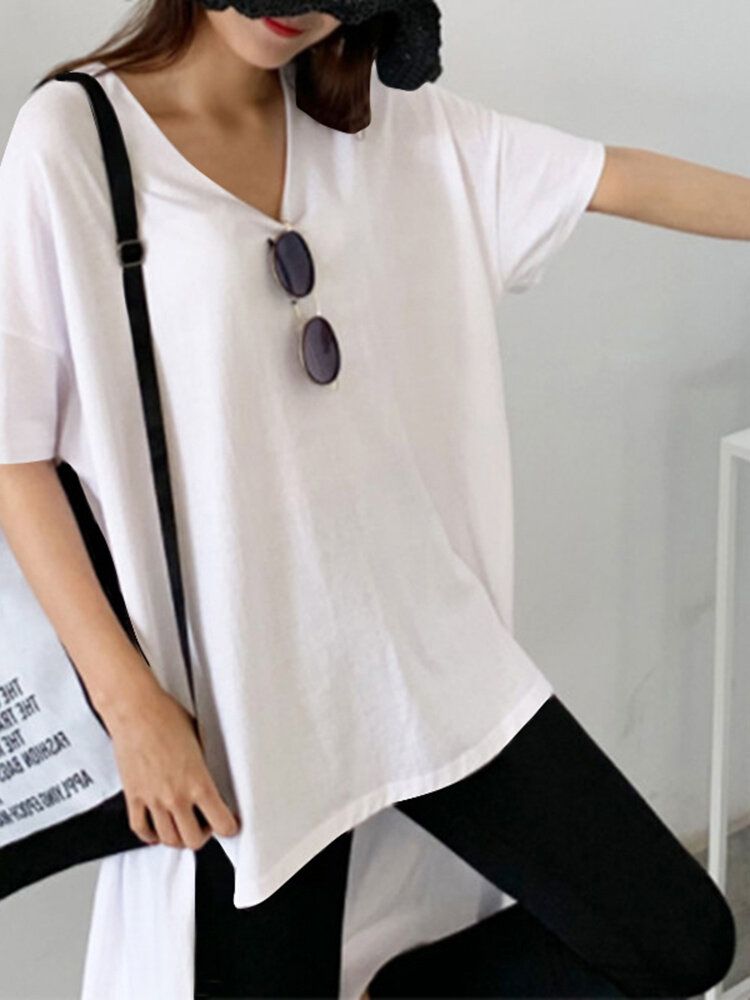 Camisas Casuales De Manga Corta Con Dobladillo Alto Y Bajo Con Cuello En V De Color Puro Para Mujeres