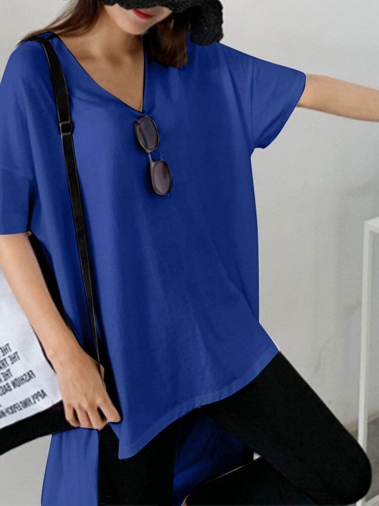 Camisas Casuales De Manga Corta Con Dobladillo Alto Y Bajo Con Cuello En V De Color Puro Para Mujeres