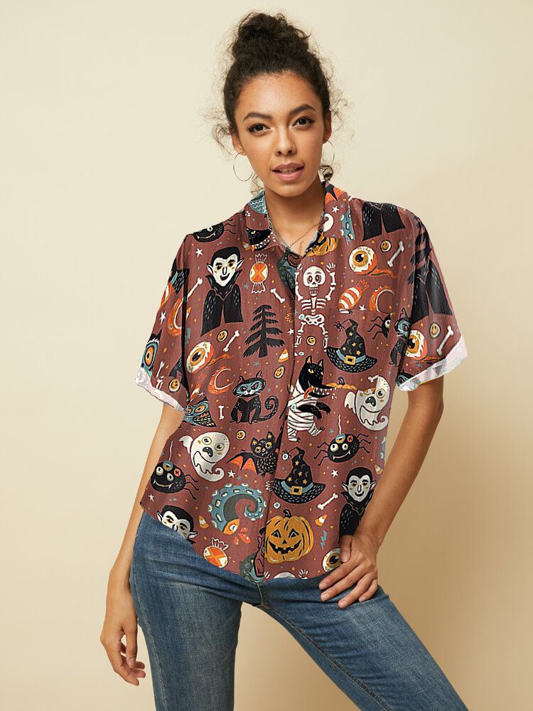 Camisas Casuales De Manga Corta Con Estampado Divertido De Dibujos Animados De Halloween Para Mujer