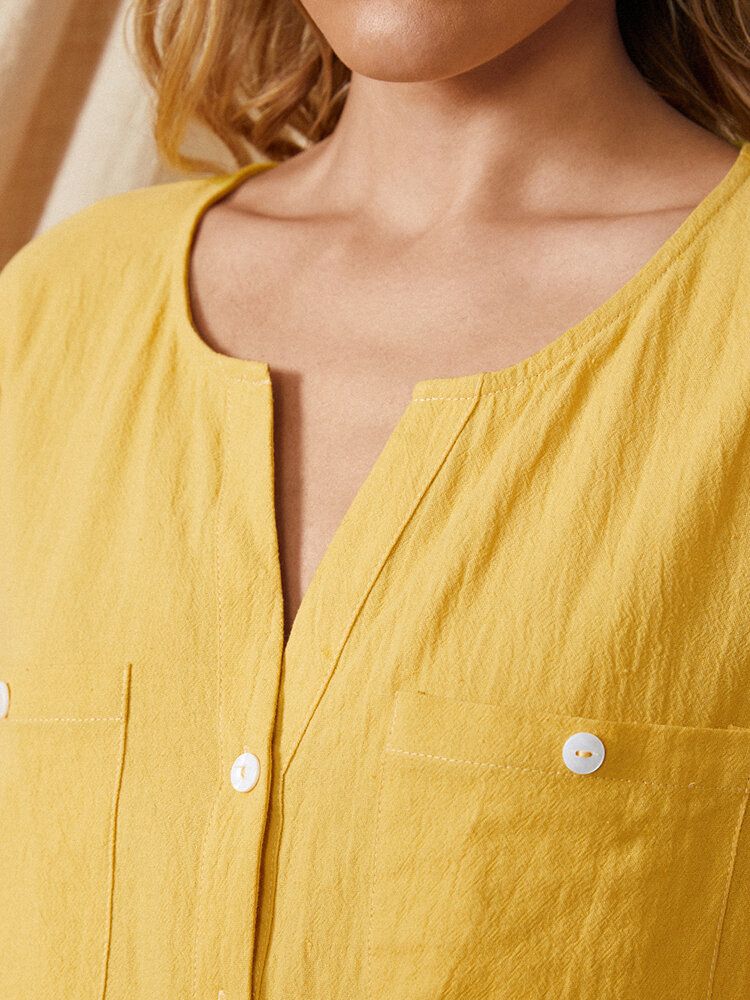 Camisas Casuales De Manga Larga Con Diseño De Bolsillo Frontal Con Cuello En V Amarillo Mostaza Para Mujer