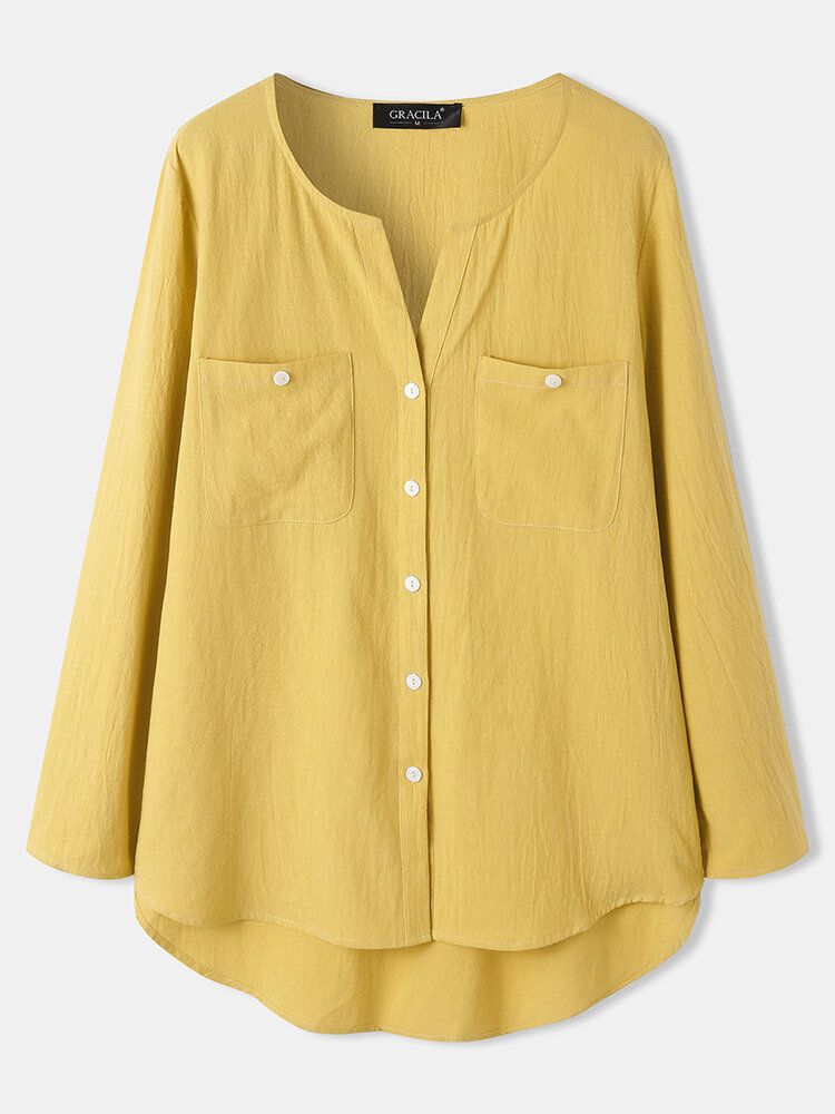 Camisas Casuales De Manga Larga Con Diseño De Bolsillo Frontal Con Cuello En V Amarillo Mostaza Para Mujer