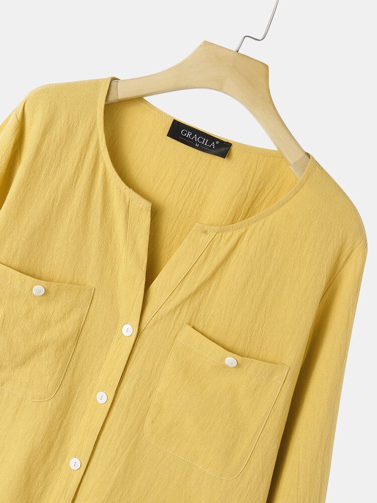 Camisas Casuales De Manga Larga Con Diseño De Bolsillo Frontal Con Cuello En V Amarillo Mostaza Para Mujer