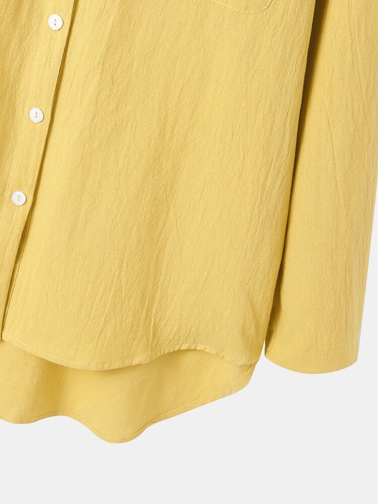 Camisas Casuales De Manga Larga Con Diseño De Bolsillo Frontal Con Cuello En V Amarillo Mostaza Para Mujer