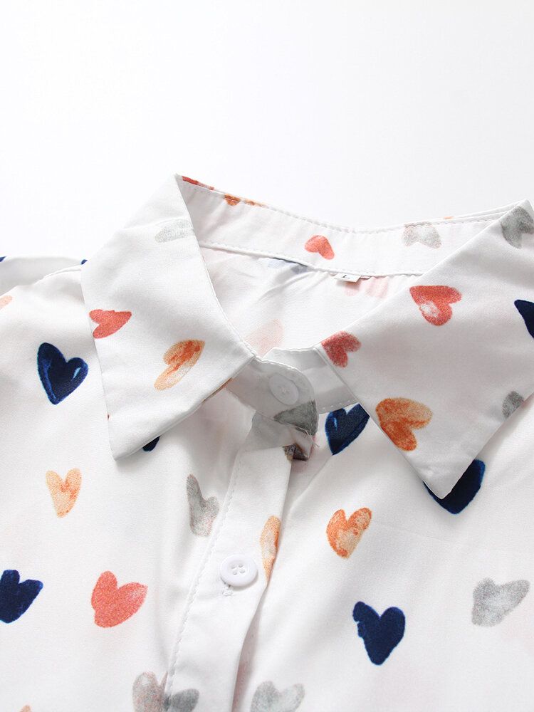 Camisas Casuales De Manga Larga Con Estampado De Corazón Lindo De Solapa Para Mujer