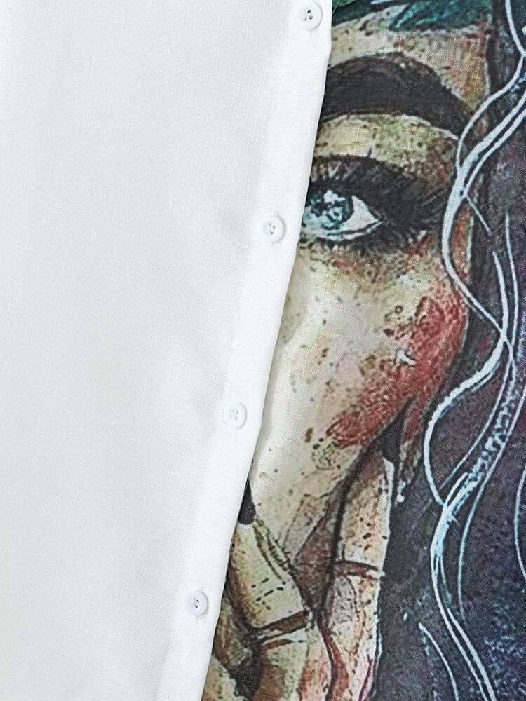 Camisas Casuales De Manga Larga Con Solapa Y Estampado De Figura De Mujer