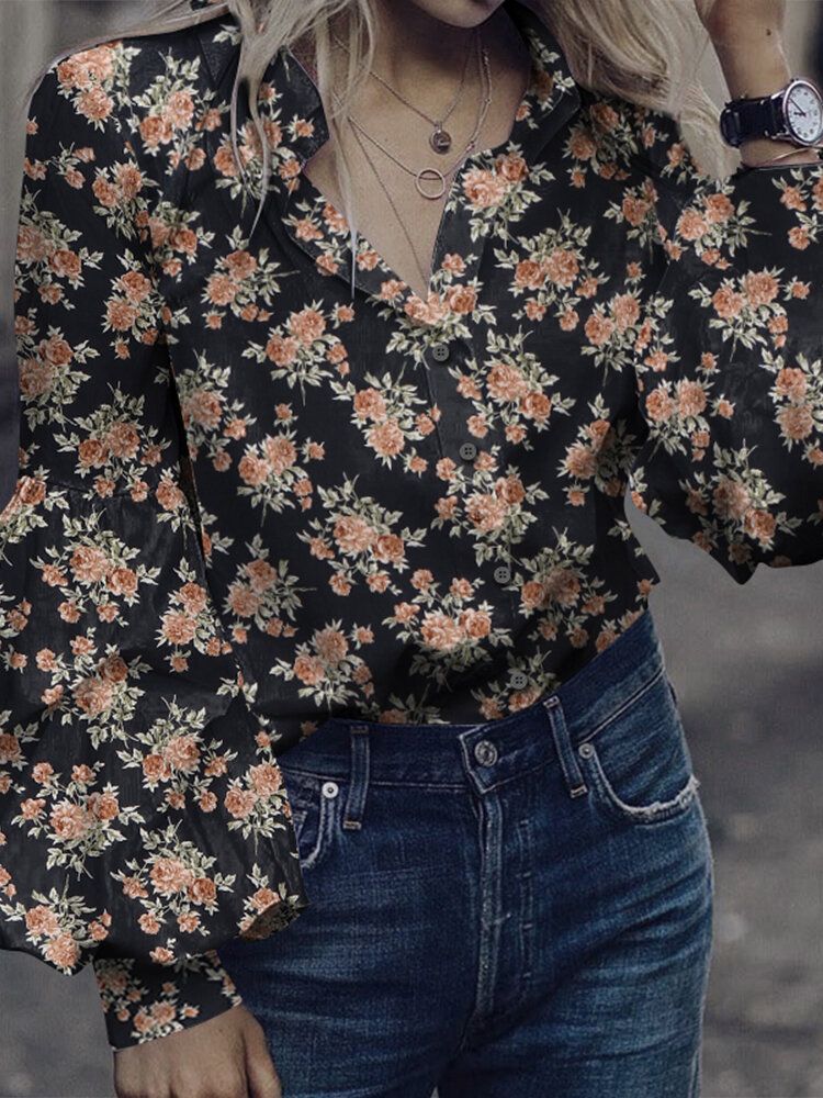 Camisas Casuales De Manga De Linterna Con Costura De Solapa Con Estampado Floral Para Mujer