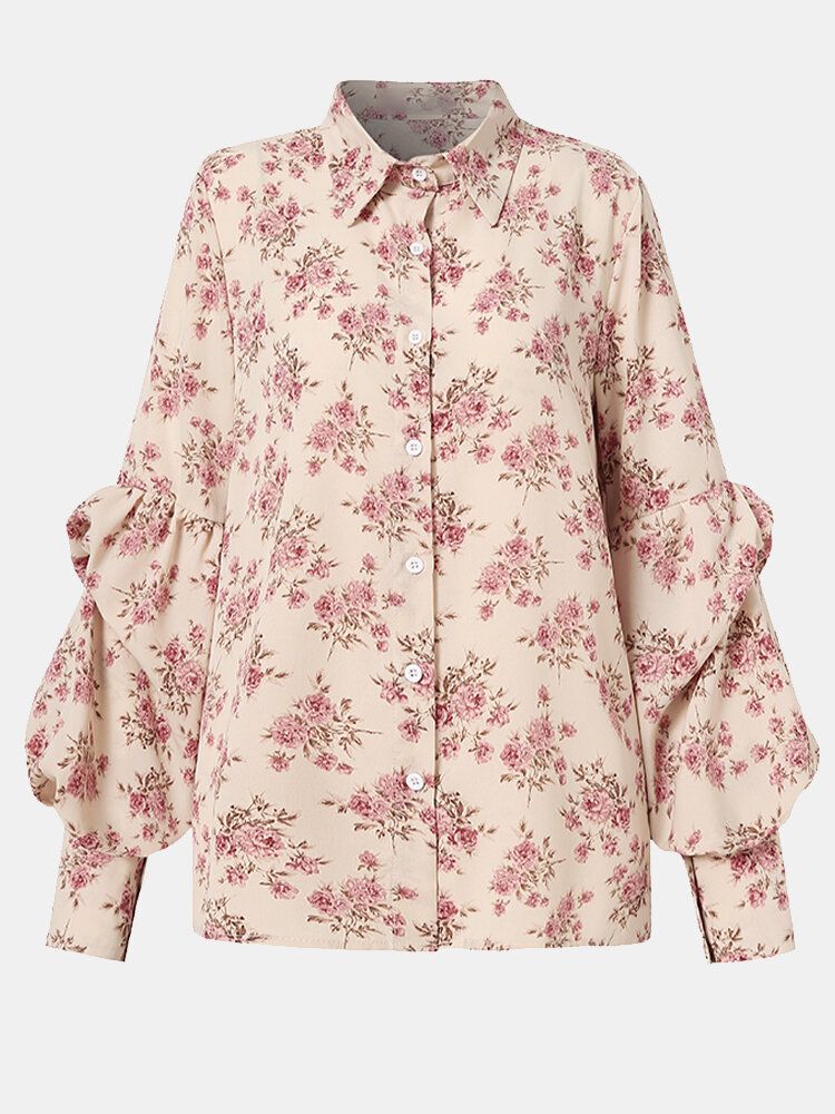 Camisas Casuales De Manga De Linterna Con Costura De Solapa Con Estampado Floral Para Mujer