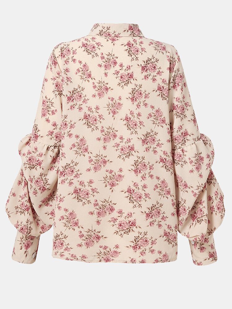 Camisas Casuales De Manga De Linterna Con Costura De Solapa Con Estampado Floral Para Mujer