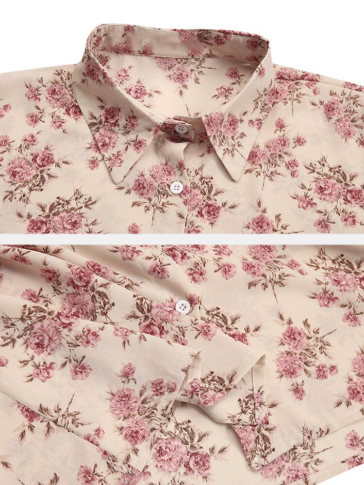 Camisas Casuales De Manga De Linterna Con Costura De Solapa Con Estampado Floral Para Mujer