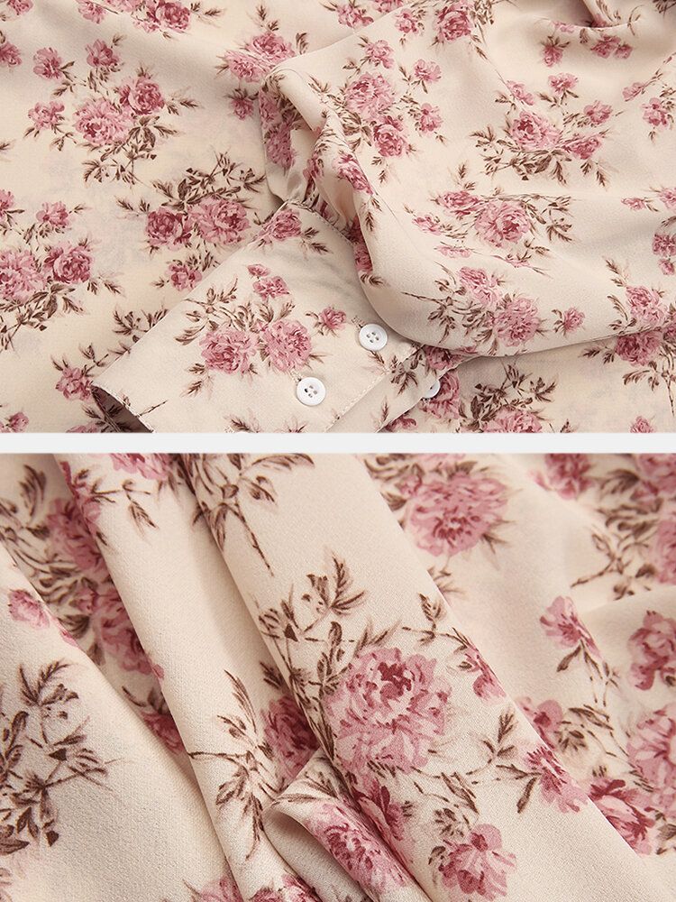 Camisas Casuales De Manga De Linterna Con Costura De Solapa Con Estampado Floral Para Mujer