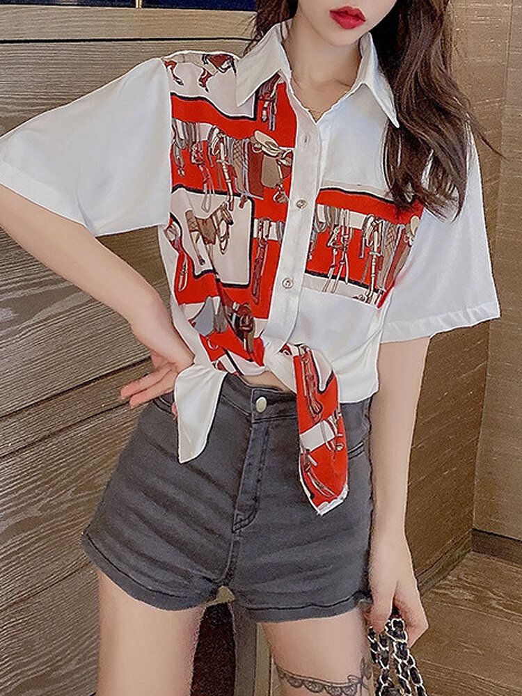 Camisas Casuales Sueltas De Manga Corta Con Cuello Vuelto Con Estampado De Animales Retro Para Mujeres