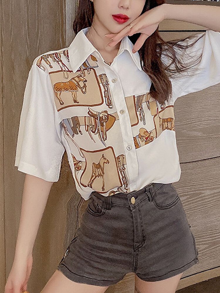 Camisas Casuales Sueltas De Manga Corta Con Cuello Vuelto Con Estampado De Animales Retro Para Mujeres