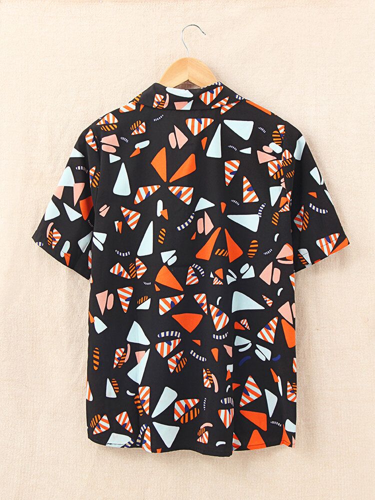 Camisas Casuales De Vacaciones De Un Solo Pecho De Manga Corta Con Solapa Y Estampado Geométrico Para Mujeres