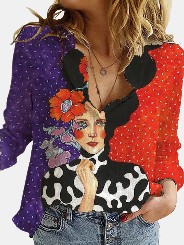 Camisas De Cuello Vuelto De Manga Larga Con Estampado De Figura Vintage Para Mujer