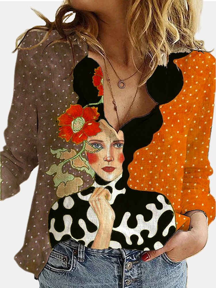 Camisas De Cuello Vuelto De Manga Larga Con Estampado De Figura Vintage Para Mujer