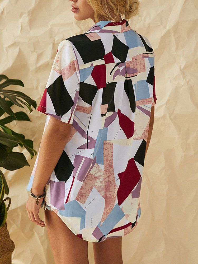 Camisas Estampadas Con Botones De Solapa Y Patchwork Geométrico Para Mujer