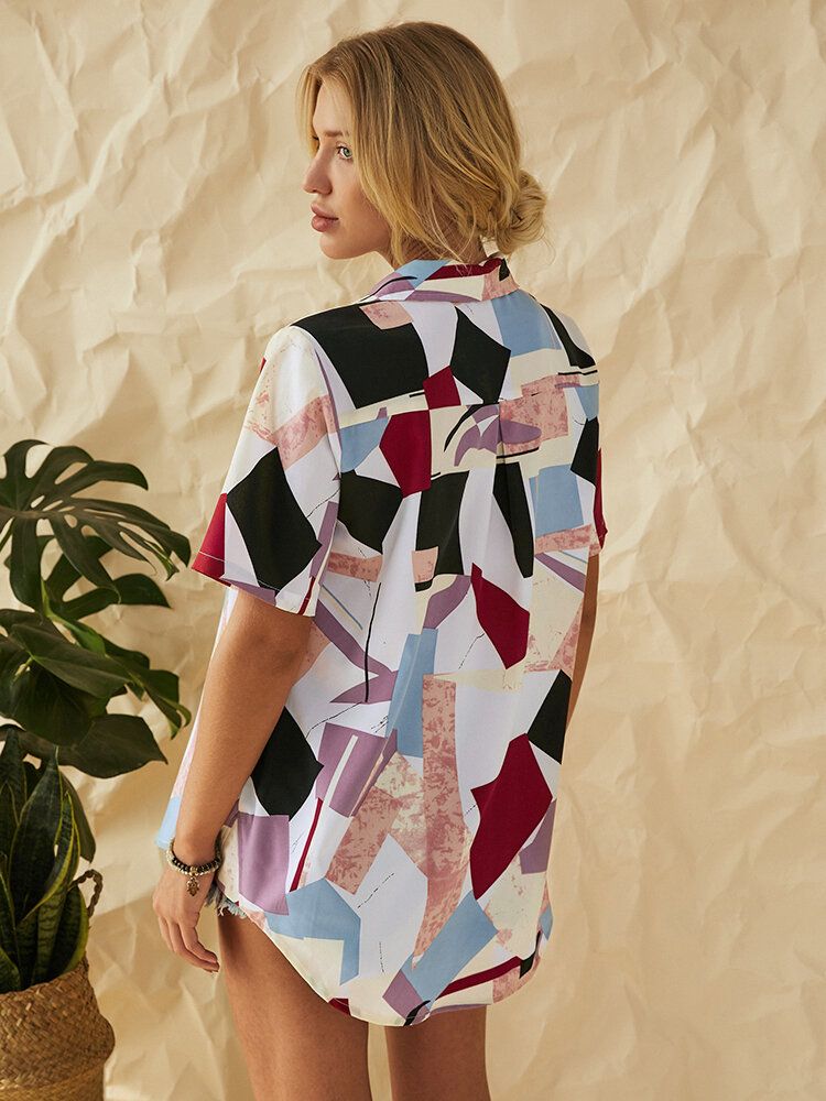 Camisas Estampadas Con Botones De Solapa Y Patchwork Geométrico Para Mujer