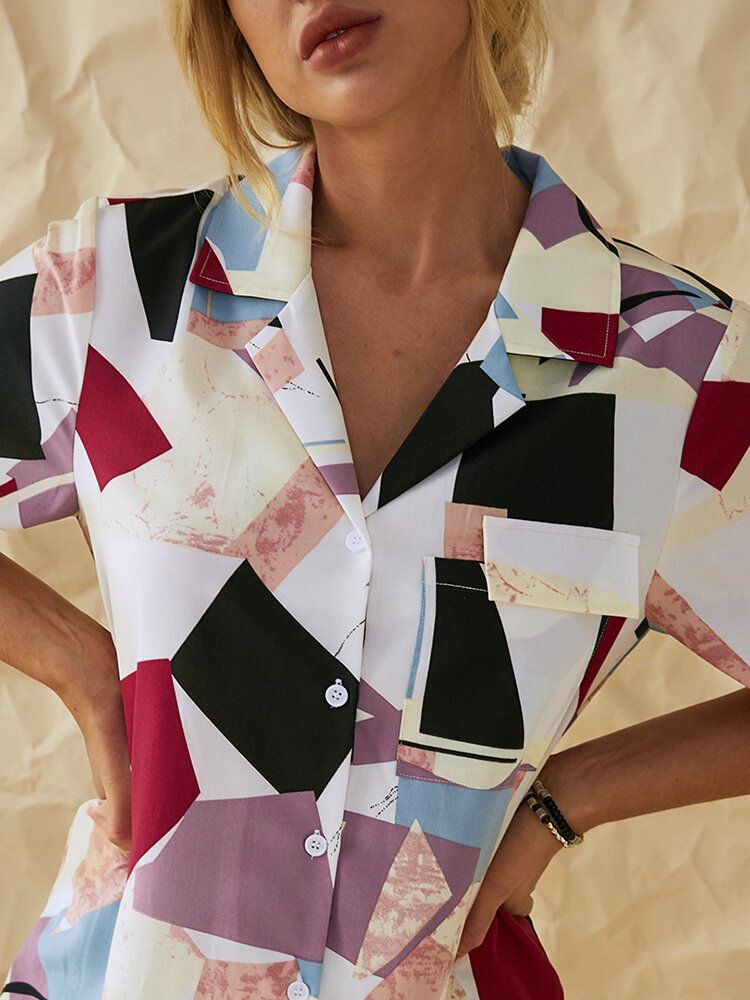 Camisas Estampadas Con Botones De Solapa Y Patchwork Geométrico Para Mujer