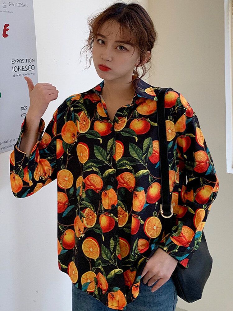 Camisas Informales Sueltas Personalizadas De Manga Larga Con Estampado Naranja