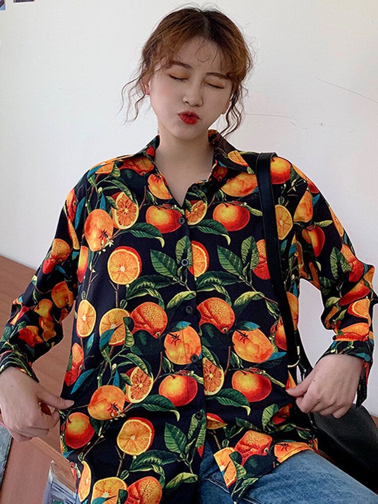 Camisas Informales Sueltas Personalizadas De Manga Larga Con Estampado Naranja