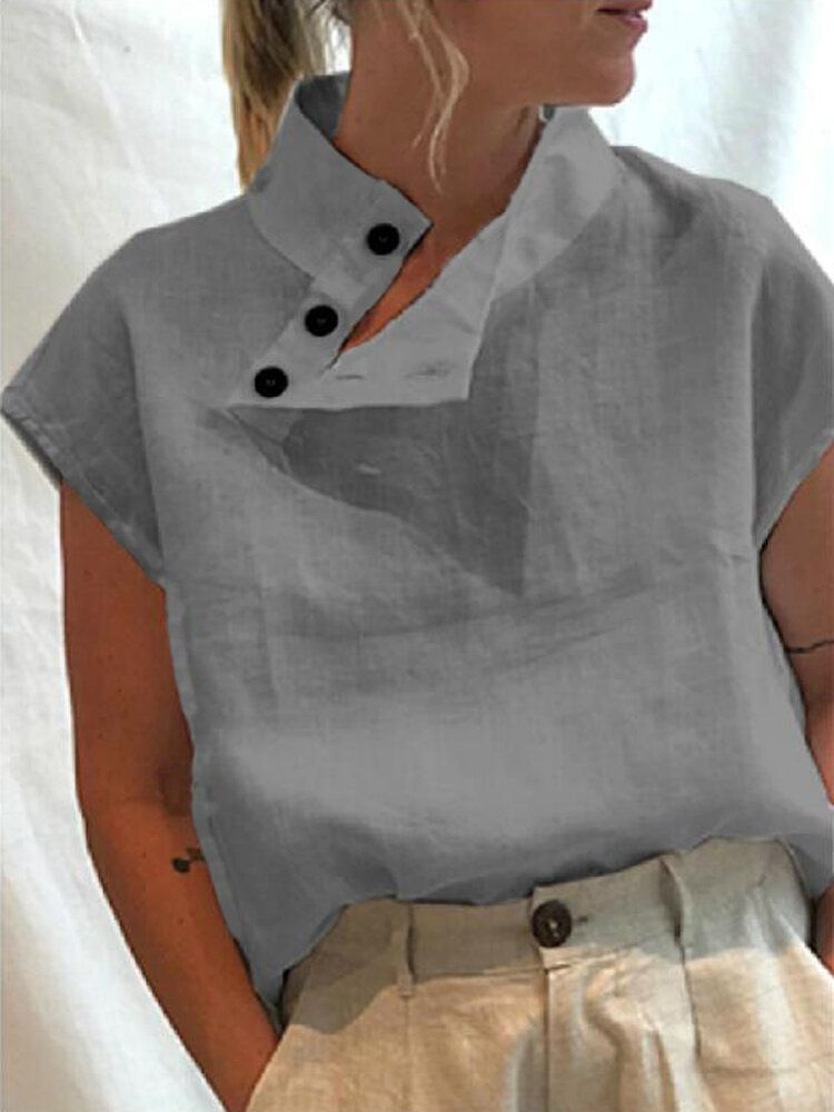 Camisas De Manga Corta Con Cuello Alto Y Botones De Color Sólido Para Mujer