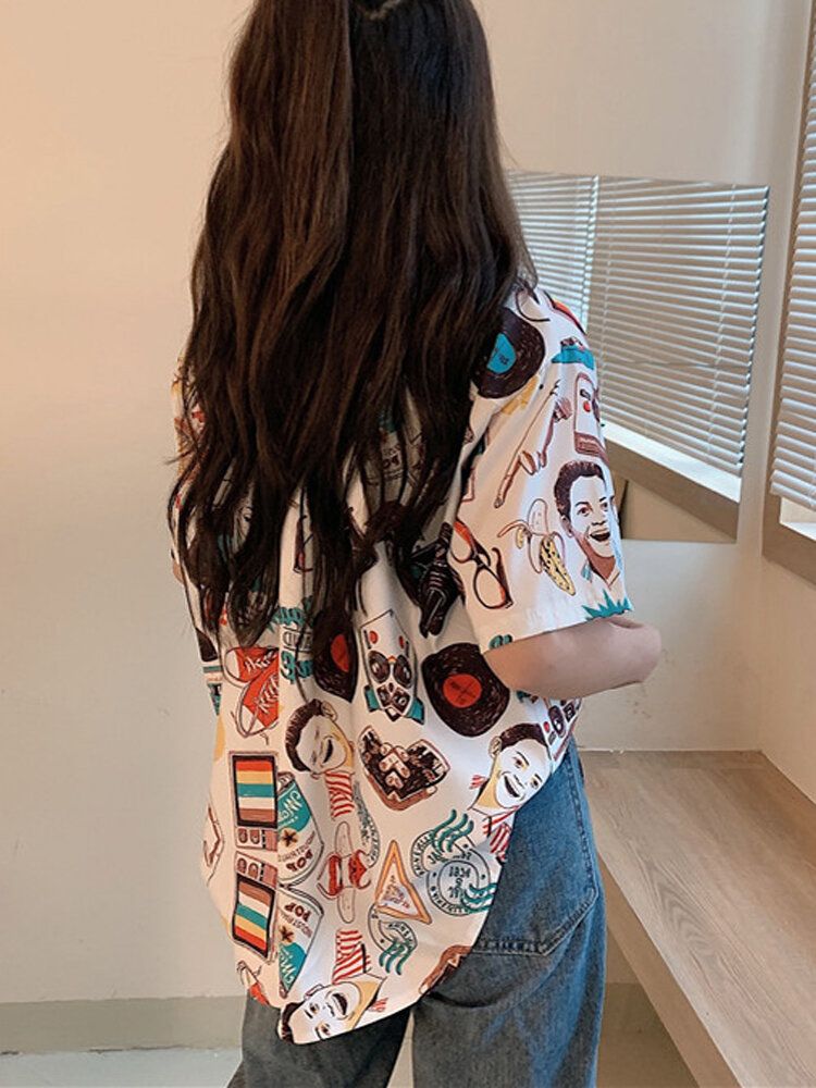 Camisas De Manga Corta Con Cuello De Solapa Con Estampado De Pintura A Mano Divertida Para Mujer