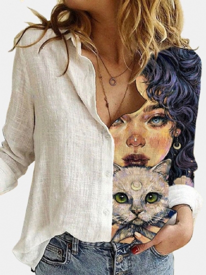 Camisas De Manga Larga Casuales Con Solapa Y Estampado De Gato De Dibujos Animados Para Mujer