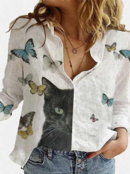 Camisas De Manga Larga Casuales Con Solapa Y Estampado De Mariposas Y Gatos De Dibujos Animados Para Mujeres