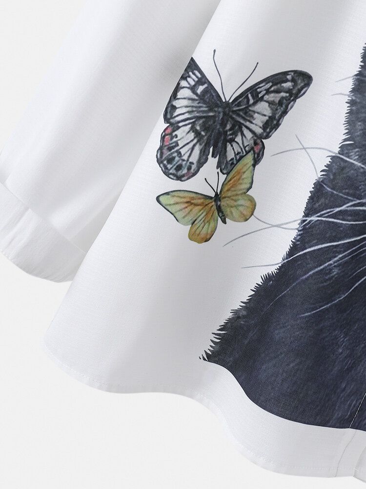 Camisas De Manga Larga Casuales Con Solapa Y Estampado De Mariposas Y Gatos De Dibujos Animados Para Mujeres