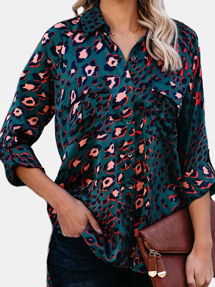 Camisas De Manga Larga Con Bolsillos Con Estampado De Leopardo Vintage Para Mujer