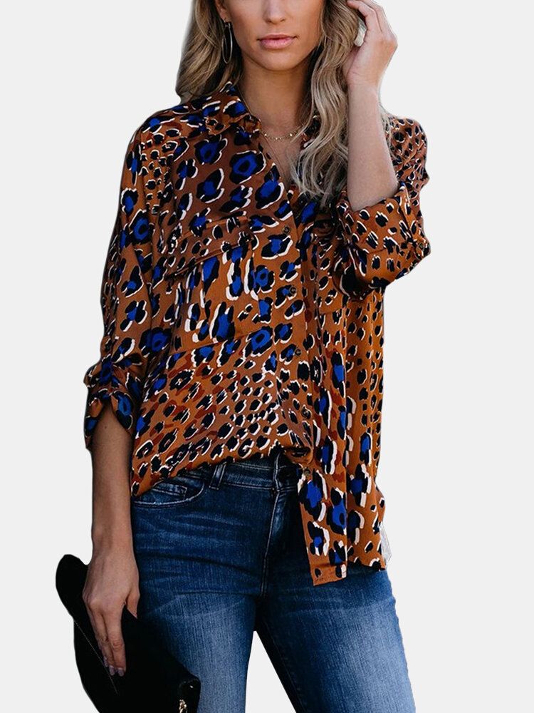 Camisas De Manga Larga Con Bolsillos Con Estampado De Leopardo Vintage Para Mujer