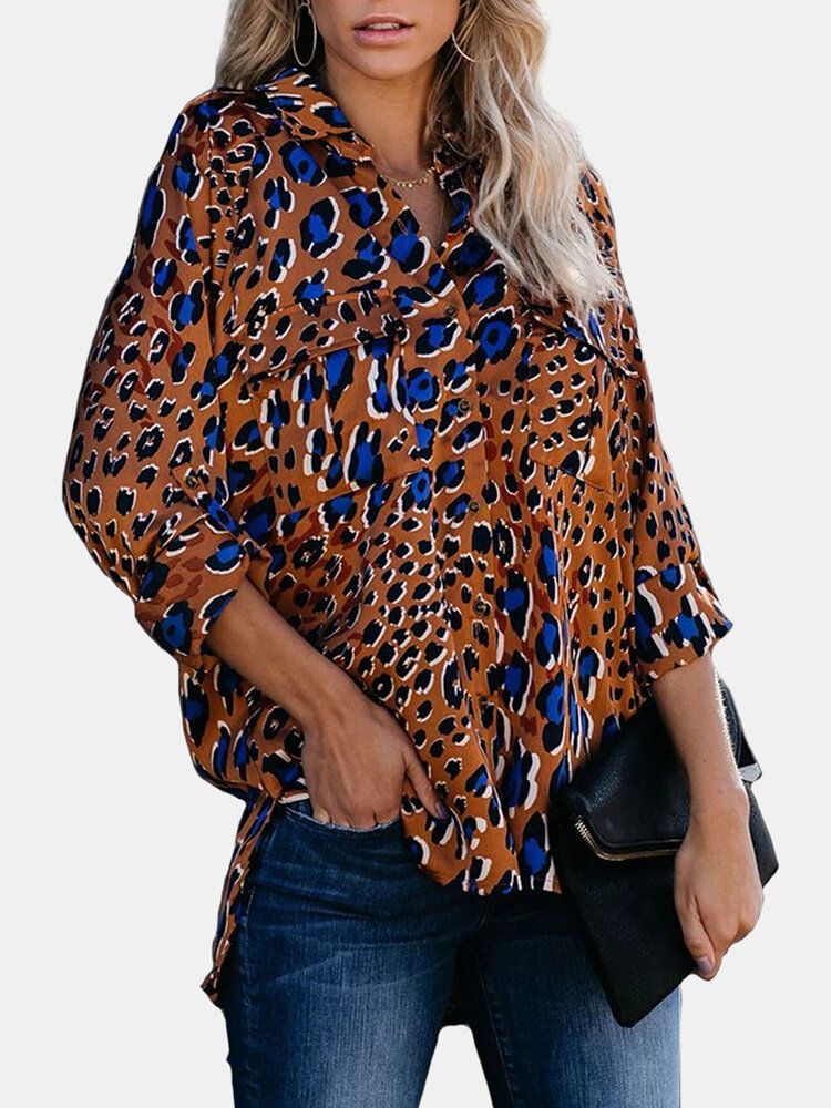 Camisas De Manga Larga Con Bolsillos Con Estampado De Leopardo Vintage Para Mujer