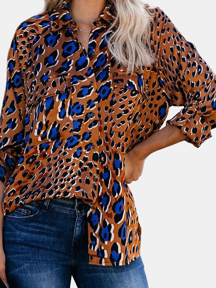 Camisas De Manga Larga Con Bolsillos Con Estampado De Leopardo Vintage Para Mujer