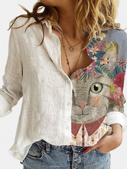 Camisas De Manga Larga Con Botones Y Cuello De Solapa Con Estampado De Gato De Dibujos Animados Lindo Para Mujer