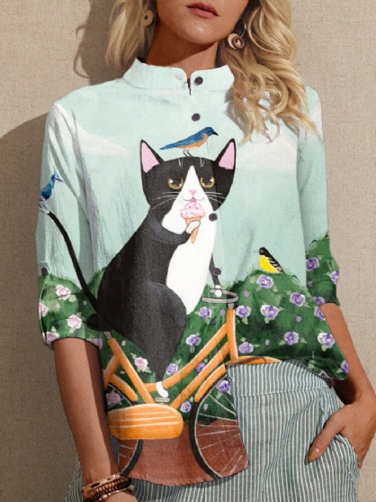 Camisas De Manga Larga Con Estampado De Gato De Dibujos Animados Divertidos Para Mujeres