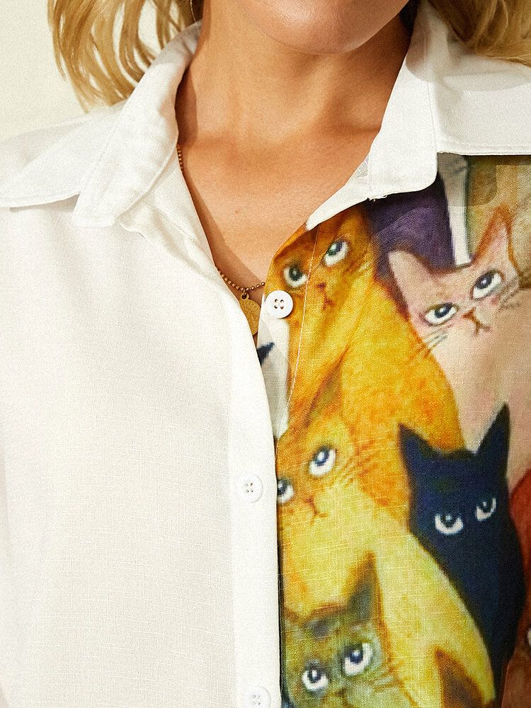 Camisas De Manga Larga Con Solapa Estampada De Gato De Dibujos Animados Para Mujer