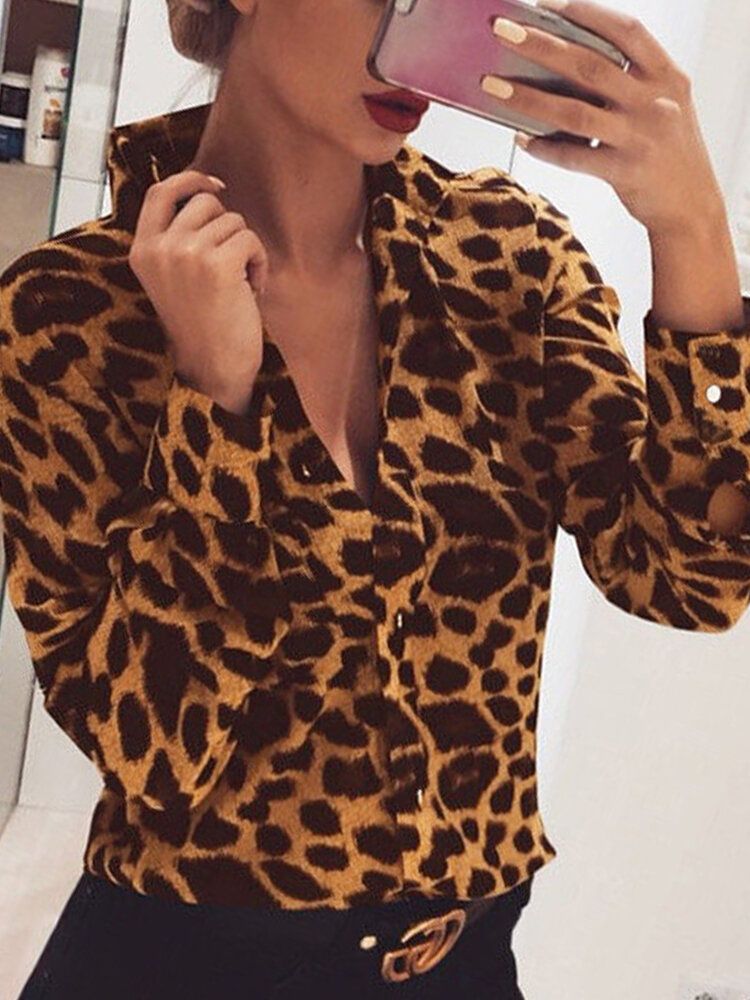 Camisas De Manga Larga Con Solapa Informal Y Elegante Con Estampado De Leopardo Para Mujer