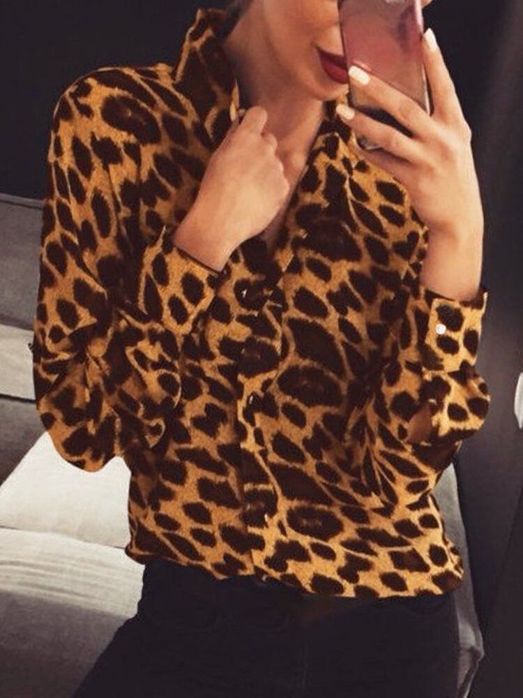 Camisas De Manga Larga Con Solapa Informal Y Elegante Con Estampado De Leopardo Para Mujer