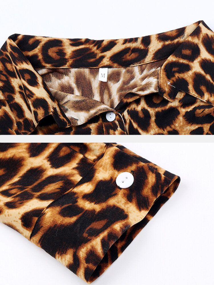 Camisas De Manga Larga Con Solapa Informal Y Elegante Con Estampado De Leopardo Para Mujer