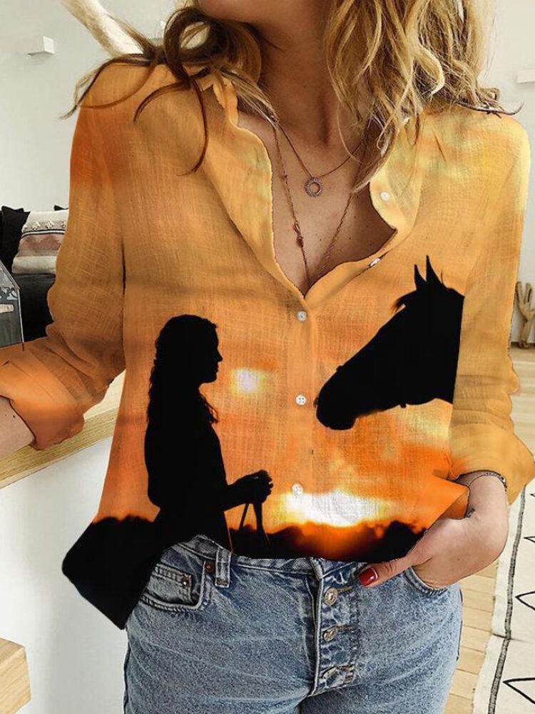 Camisas De Manga Larga Con Solapa Y Estampado De Caballo Y Niña Sunset Landscape Para Mujer