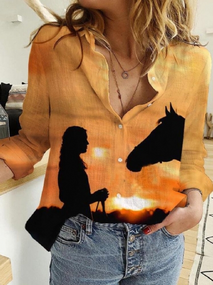 Camisas De Manga Larga Con Solapa Y Estampado De Caballo Y Niña Sunset Landscape Para Mujer