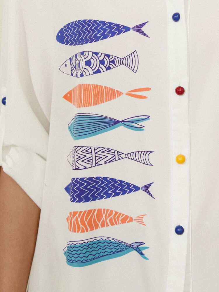 Camisas De Manga Larga Informales Con Cuello Alto Y Botones Coloridos Con Estampado De Peces Para Mujeres