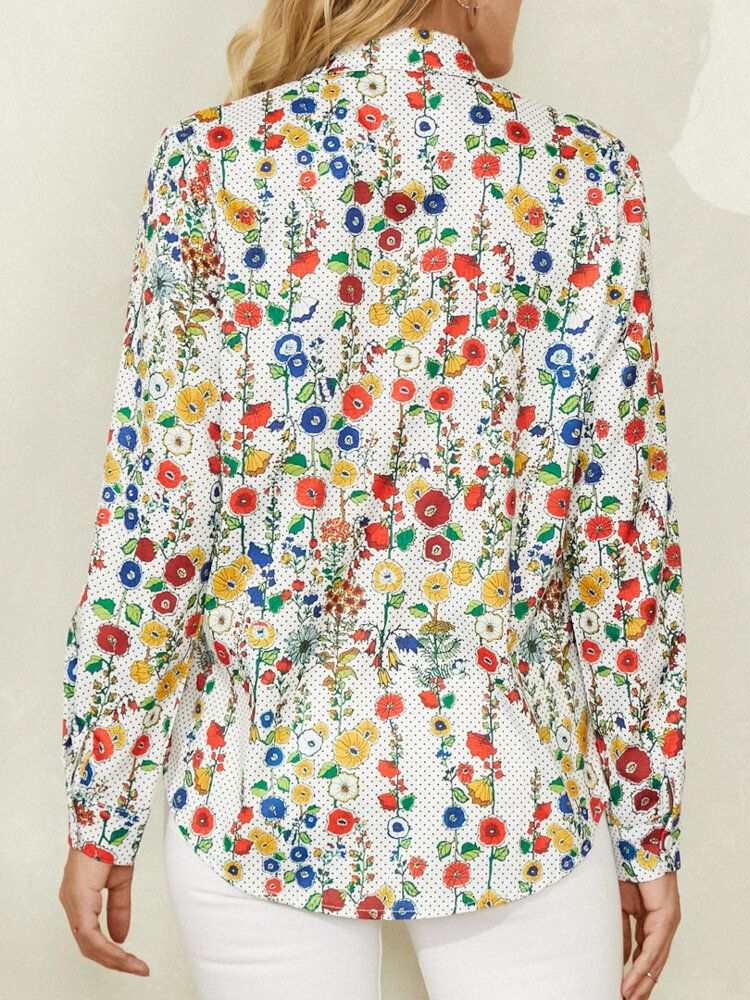 Camisas De Manga Larga Vintage Con Solapa Y Estampado De Lunares Florales Para Mujer