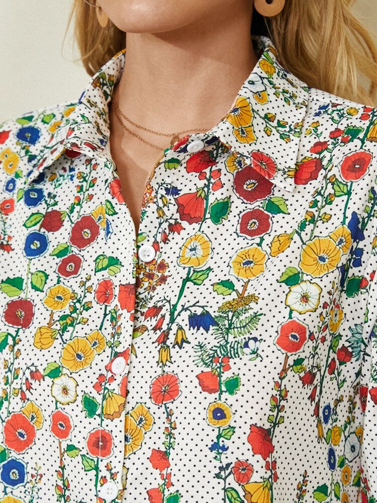 Camisas De Manga Larga Vintage Con Solapa Y Estampado De Lunares Florales Para Mujer