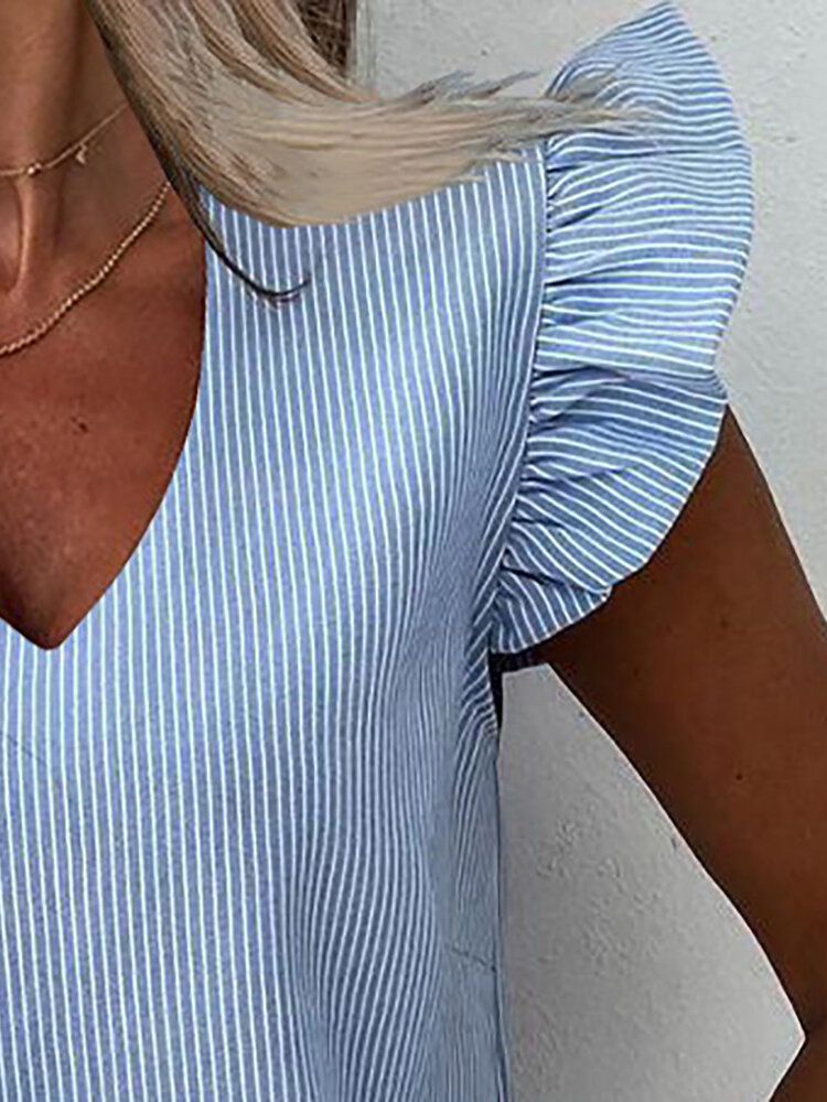 Camisas De Mujer Casual Salvaje Con Cuello En V Y Manga Con Volantes Con Estampado De Rayas